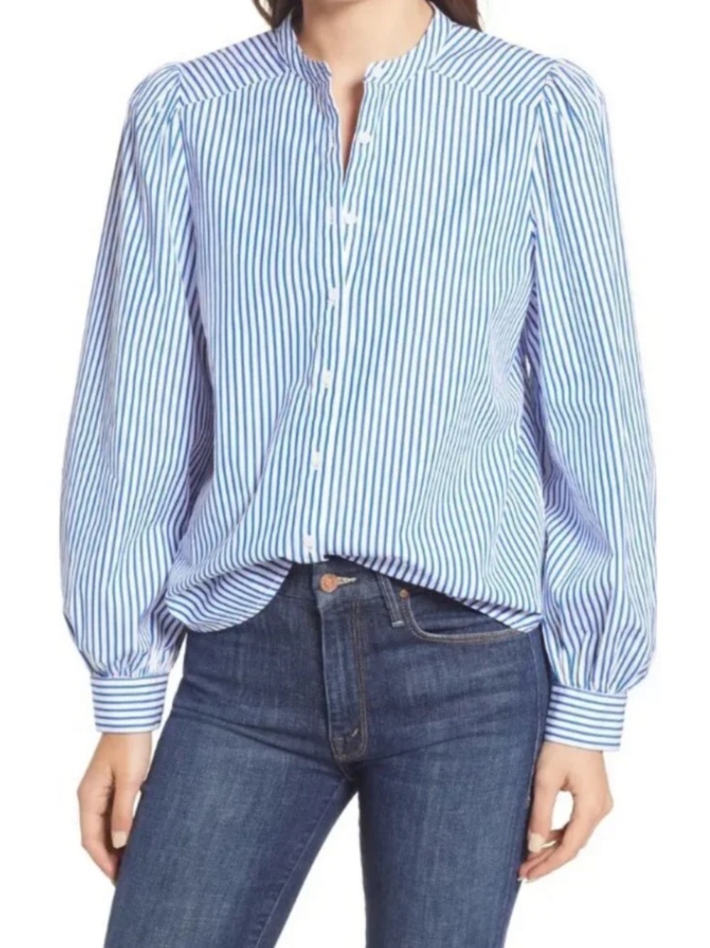 NWT Treasure & Bond | Women’s Blue/White Vertical-Stripe Button Front Blouse Top